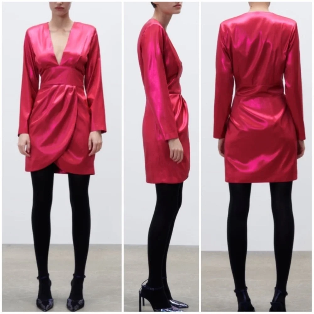 Zara Glam Party Ready Pink Metallic Long Sleeve Mini‎ Dress